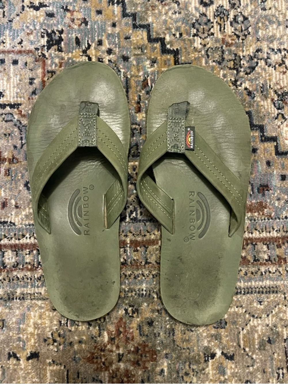 Rainbow Olive Green Leather Flip-Flops